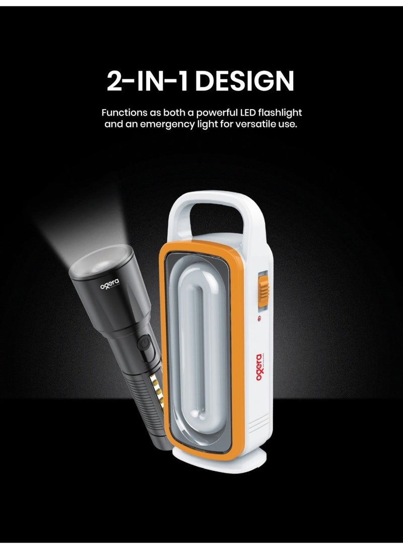 أوجيرا كشاف LED قابل لإعادة الشحن وضوء طوارئ | كشاف فائق السطوع | بطارية طويلة العمر | ضوء محمول متعدد الاستخدامات | مثالي للتخييم والمشي والمنزل وانقطاع الكهرباء | ضمان سنتين | OG1152PSL | أسود - Image 1